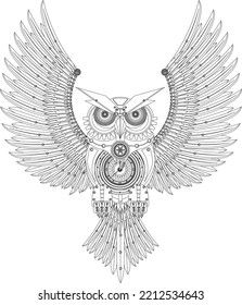 Mechanical owl in metal steampunk style coloring book. Vector illustration.