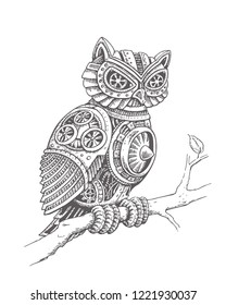 A Mechanical Owl on a Tree Branch in a Steampunk Style. Vector Illustration in Classic Ink Technique.