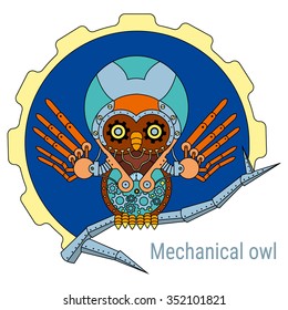 Mechanical owl sitting on a branch on a background of gears