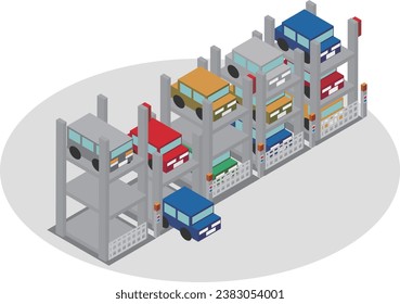 Mechanisches Parkhaus mit vielen isometrischen Autos geparkt