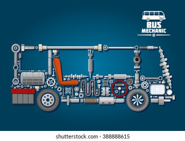 Mechanical parts arranged in a shape of a bus with crankshafts and fuel tank, battery and steering wheel, cylinder and wheels, discs and speedometer, axles, seat and headlight. Bus mechanics design