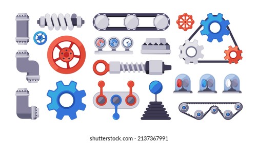 Mechanical parts. Gears buttons robotic arms engineering tools industrial items garish vector conveyor elements