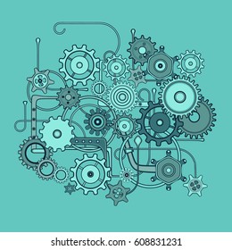 Mechanical Pattern Composition. Set Of Isolated The Background. Steam Punk. Vector. Blue-green Colors