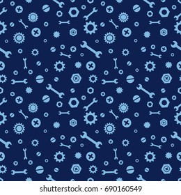 Mechanical, patterns. Vector drawings of screws, gears, wrenches and nuts in light blue over dark blue background.