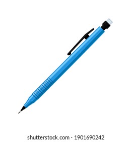 Mechanical pencil in blue plastic case with eraser. Flat vector illustration isolated on white background 