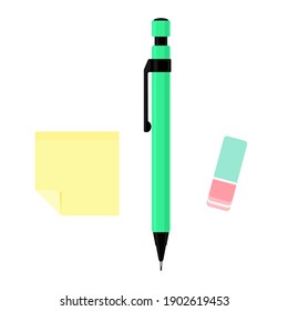 Mechanical pencil in green case with paper note and eraser. Flat vector illustration isolated on white background 