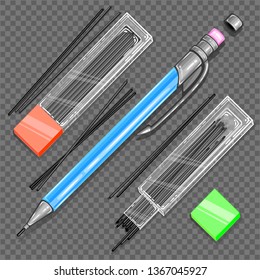 Mechanical pencil with pink eraser on the end. Graphite refills. Tools for draw, sketch, write, etc. Packaging made with transparency. Art transparent in a vector program. Vector Illustration. EPS 10.