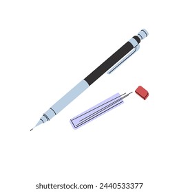 Mechanical pencil with refill graphite leads. Drawing tool. School supplies for writing. Office stationery for drafting. Sketching instrument. Flat isolated vector illustration on white background