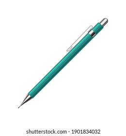 Mechanical pencil in turquoise plastic case with metal cap. Flat vector illustration isolated on white background 