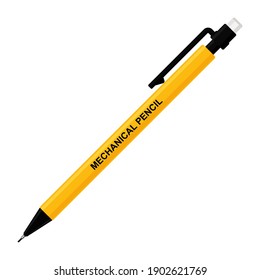 Mechanical pencil in yellow plastic case with text. Flat vector illustration isolated on white background 