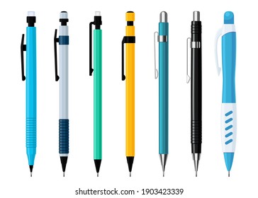 Mechanical pencils set of various designs. Collection of tools for writing and painting. Flat vector illustration isolated on white background 