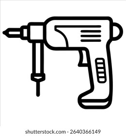 Mechanical percussion drill illustrated in continuous line art drawing style focusing on industrial design elements and simplicity of construction tools in art