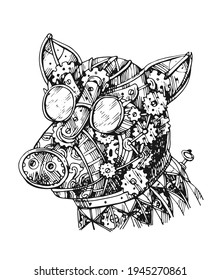 Mechanical pig. Hand drawn vector illustration steampunk style. Suitable for sites, packaging, as a design element