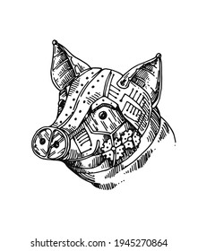 Mechanical pig. Hand drawn vector illustration steampunk style. Suitable for sites, packaging, as a design element