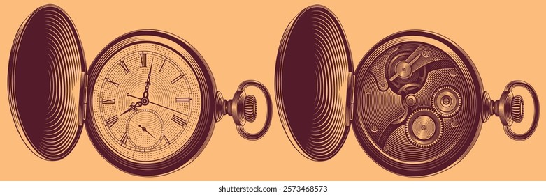 Mechanical Pocket Watch. Editable hand drawn illustration. Vector vintage engraving. Isolated on light background. 8 EPS