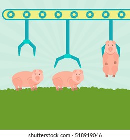 Mechanical production of pigs. Machine (conveyor) with grippers carrying pigs in the field. Serial production. Concept.