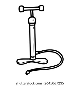 Bomba mecânica para rodas. Vetor de rabiscar desenhado à mão. Dispositivo para insuflar pneumáticos de automóveis ou bicicletas com ar. Ferramenta com cabo e mangueira. Elemento de arte da linha da ilustração.
