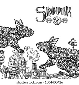 Mechanical rat. Hand drawn steampunk style vector illustration. Symbol of 2020 new year.