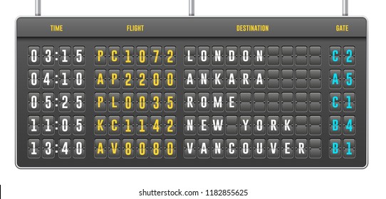 Mechanical Realistic Flip Scoreboard, Arrival Airport Board With Letters, Numbers, Time Display Board For Airport Schedule, Train Destination Timetable. Isolated On White Background. Vector EPS10