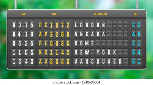 Mechanical Realistic Flip Scoreboard, Arrival Airport Board With Letters, Numbers, Time Display Board For Airport Schedule, Train Destination Timetable. Green Summer Garden Background. Vector EPS10