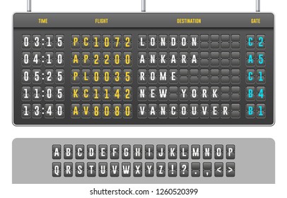 Mechanical Realistic Flip Scoreboard, Arrival Airport Board With Letters, Numbers, Time Display Board For Airport Schedule, Train Destination Timetable. Isolated On White Background. Vector EPS10