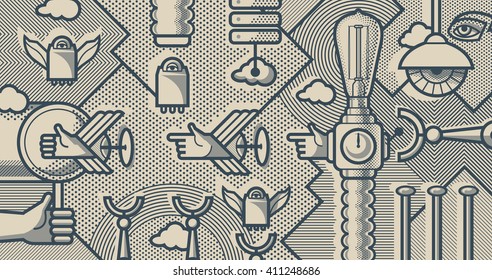 Mechanical reality - shoot and catch. Monochrome pop art style background