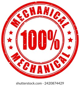 Mechanical red rubber stamp isolated on white background, 100 percent mechanical model, vector guarantee seal