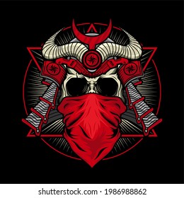 Mechanical Red Samurai Skull with War Armor detailed vector design concept