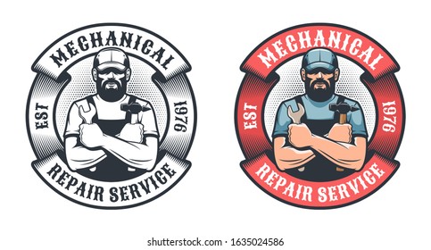 Mechanical Repair Service Retro Logo. Worker With Hammer And Spanner Vintage Emblem. Vector Illustration.