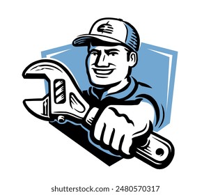 Mechanical repair service retro logo. Worker with spanner emblem. Vector illustration