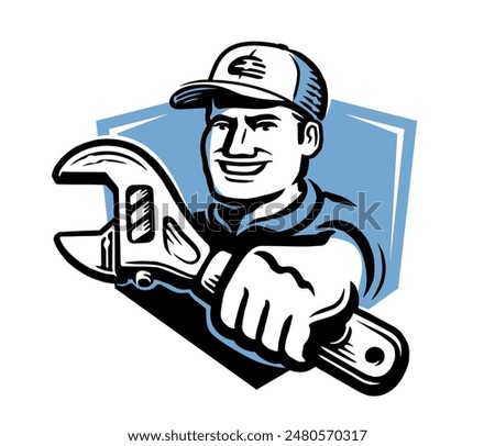 Mechanical repair service retro logo. Worker with spanner emblem. Vector illustration