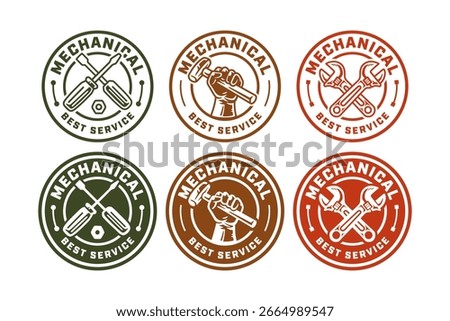 Mechanical repair tools retro logo set. Workshop garage service vintage emblem logo design collections. Screwdriver crossed with bolts, Wrench crossed, Hand holding hammer. Vector Illustration