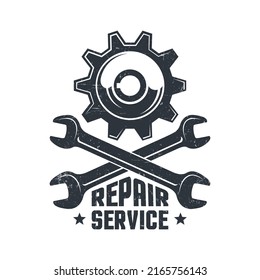 Mechanische Werkstatt - Retro-Logo mit Getriebe und Armreihen. Spanner und Zahnrad - Vintage-Emblem.