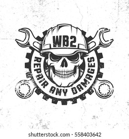 Mechanical repair workshop retro logo with skull in hard hat, crossed spanners and gear. Vector layered illustration - worn textures can be disabled.