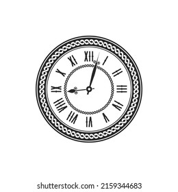 Mechanical retro watch, aged time measurement watch isolated monochrome icon. Vector traditional antique clock dial with hour and minute hands, watch-face with roman numerals, ancient design