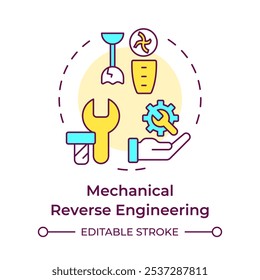 Mechanical reverse engineering multi color concept icon. Analyzing, replicating, understanding mechanical parts. Round shape line illustration. Abstract idea. Graphic design. Easy to use in article