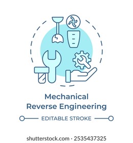 Mechanische reverse engineering zacht blauw concept pictogram. Analyseren, repliceren, begrijpen van mechanische onderdelen. Ronde vorm lijn illustratie. Abstract idee. Grafisch ontwerp. Makkelijk te gebruiken in artikel