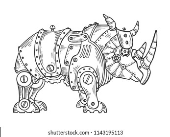 Mechanical rhinoceros animal engraving vector illustration. Scratch board style imitation. Black and white hand drawn image.