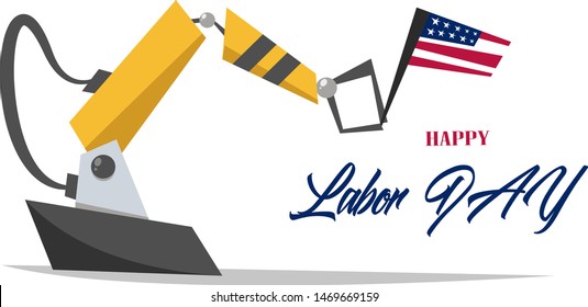Mechanical robot arm holding an American flag. Happy Labor Day concept. Flat vector illustration in cartoon style.