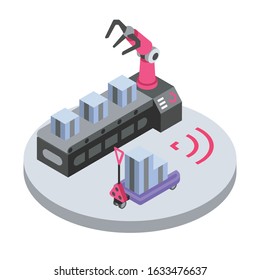 Mechanical robot arm isometric color vector illustration. Conveyor line, manufacture process. Factory smart technologies, warehouse loader remote control 3d concept isolated on white background