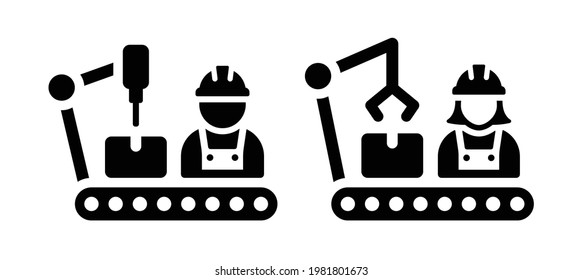 Mechanischer Roboterarm auf Förderband mit Mitarbeitersymbol einzeln auf weißem Hintergrund.