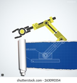 Mechanical robot arm on torn paper. Vector illustration eps 10