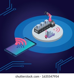 Mechanical robot arm remote control isometric color vector illustration. Conveyor line, manufacture process. Factory smart and IOT modern technologies 3d concept isolated on blue background