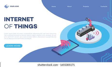 Mechanical robot arm remote control landing page vector template with isometric illustration. Conveyor line, manufacture process. Factory technology. Website interface design. Webpage 3d concept