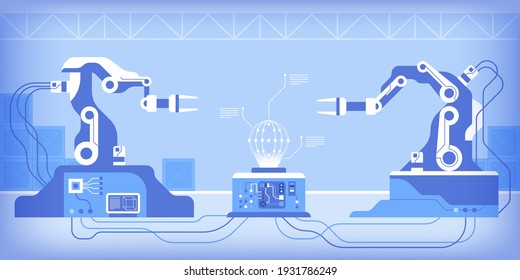 Máquinas de robots mecánicos que trabajan en la producción automatizada o laboratorio de investigación con estructura molecular. Concepto moderno de tecnología robótica. Ilustración vectorial de la ciencia, la industria de alta tecnología 