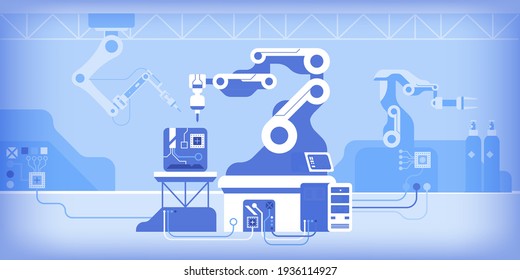 Mechanical robot arms working on automated production of microchips or circuit, control process on computer. Modern robotic technology concept. Vector illustration of science, high-tech industry