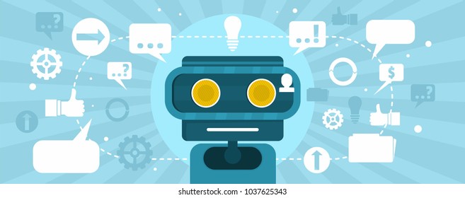 Mechanical robot chat bot banner. Flat illustration of mechanical robot chat bot vector banner for web