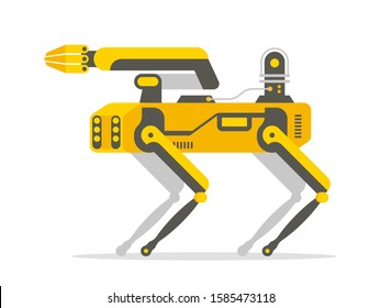 The mechanical robot dog with manipulator, sensing camera and battery. Industrial sensing and remote operation needs. Innovation in high technology. Vector flat graphic illustration