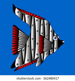 Mechanical robot fish isolated on blue background. Vector illustration.