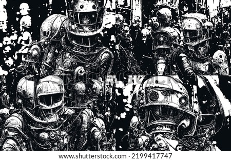 Mechanical robot - gladiator. Alien prototype design. Vector illustration. EPS8. Artificial intelligence.